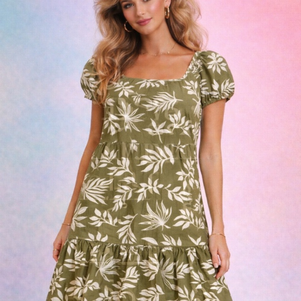 Lapogee Olive Tropical Print Puff Sleeve Tiered Mini Dress NWT L